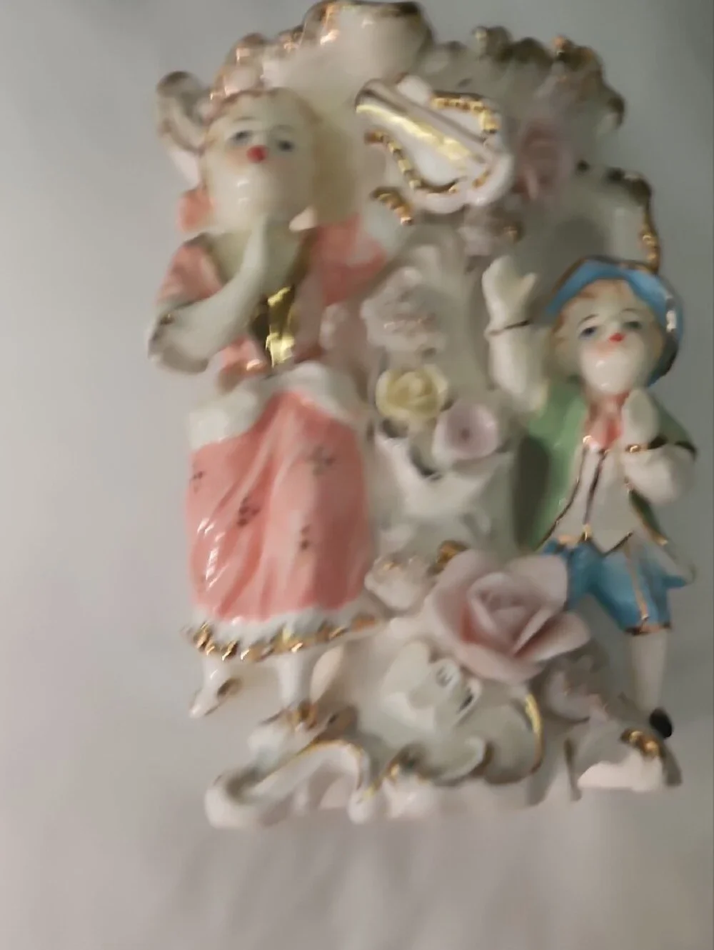Porcelain Pink and Pastel Figurine Vase Floral Accents Hand painted Tilso Japan